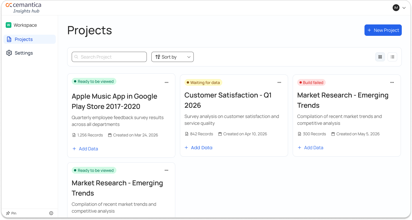 Redesigned Cemantica Insights projects page with project cards and status tags
