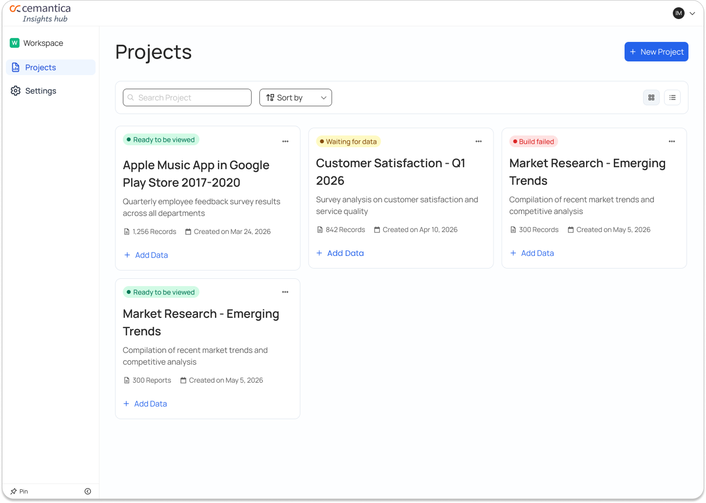 Projects page with project cards, each showing status, records, and an Add Data link