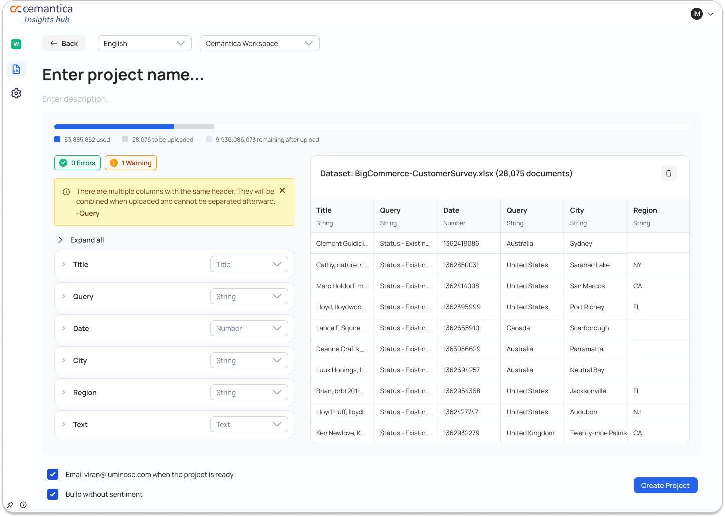 Create project page with data upload status, column types, and dataset preview