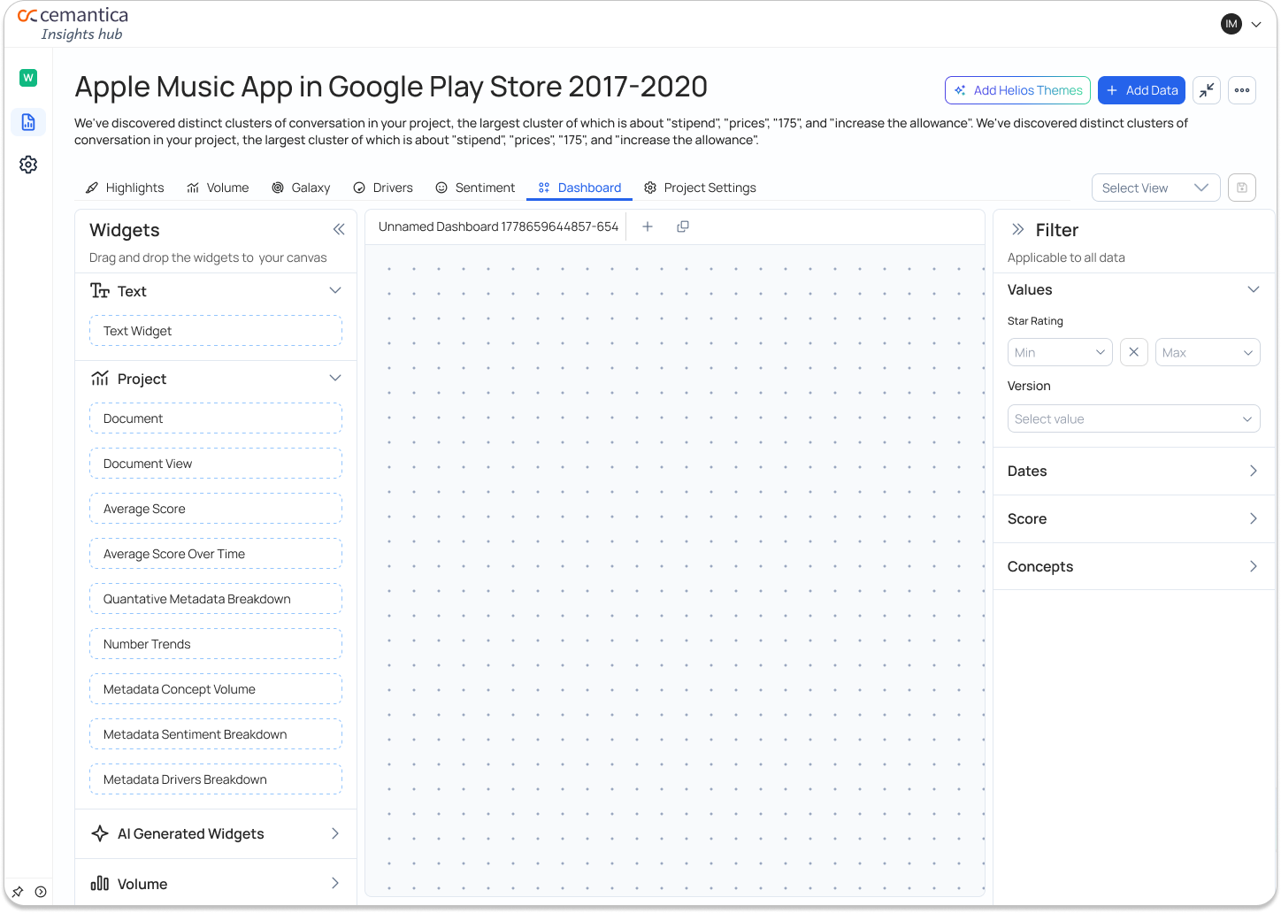 Dashboard view with a widget library, filter panel and dotted canvas