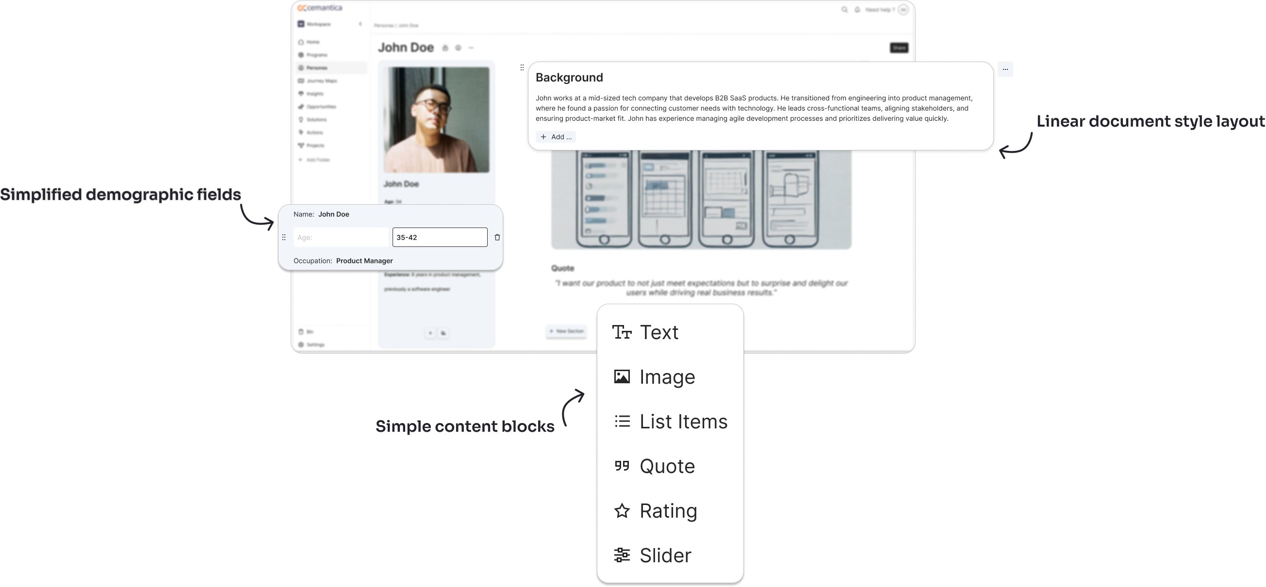 Redesigned persona editor with callouts for the linear layout, simple content blocks, and simplified demographic fields