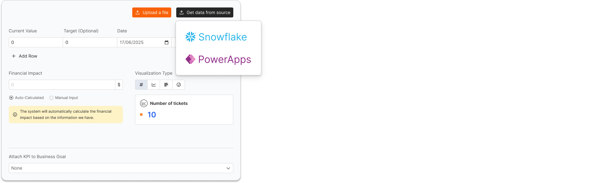 Metric form with the Get data from source option open, showing Snowflake and PowerApps connectors
