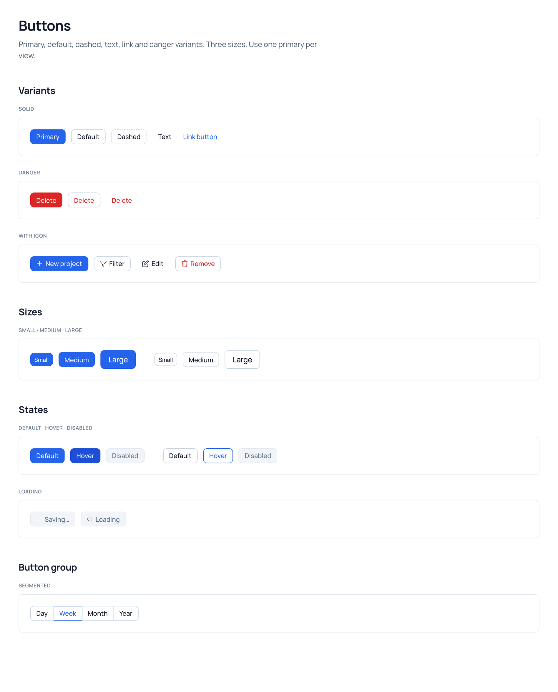 Lumen UI kit, Buttons page: primary, default, dashed, text, link and danger variants, sizes, states and button group