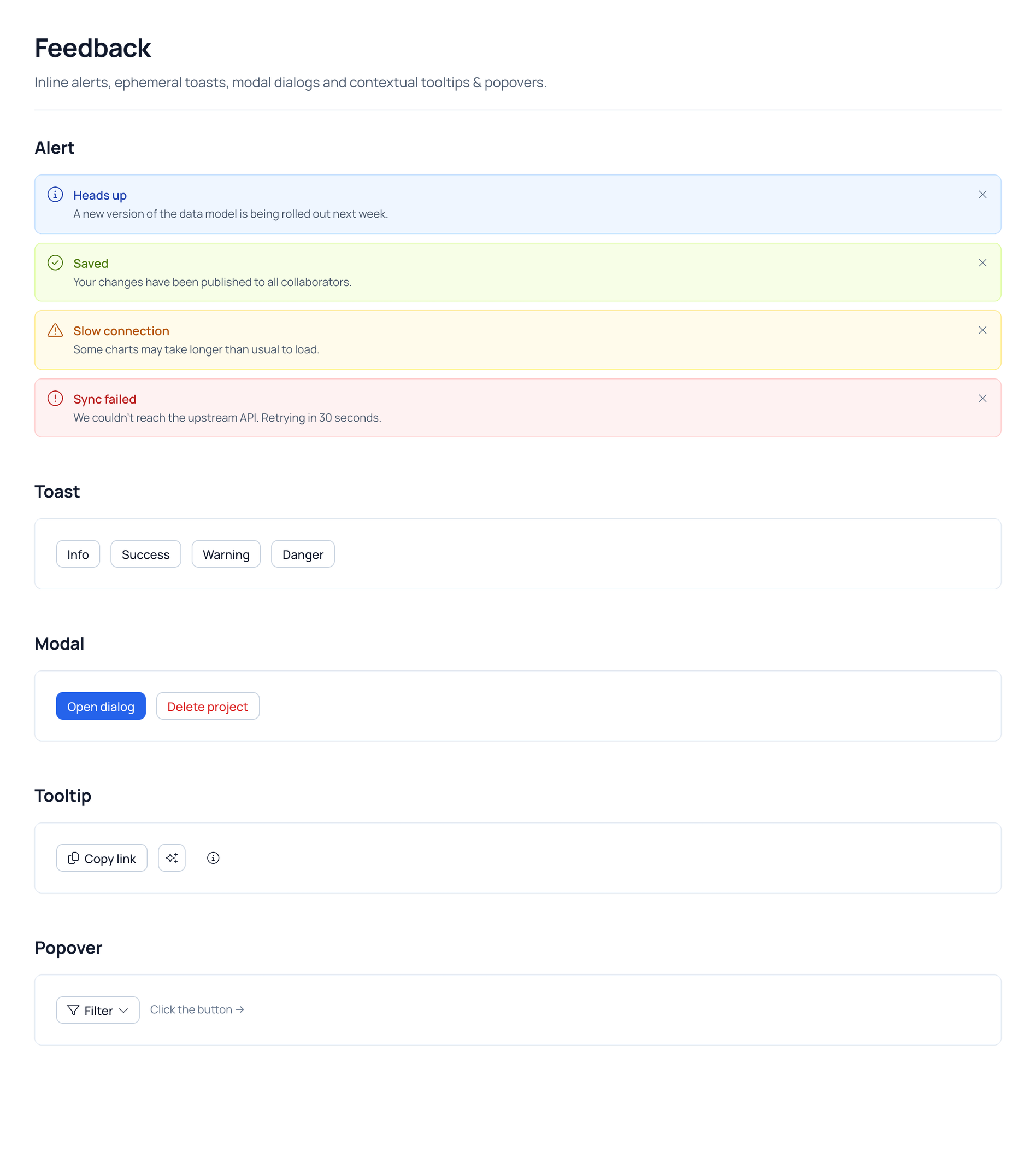 Lumen UI kit, Feedback page: alerts, toasts, modal, tooltip and popover