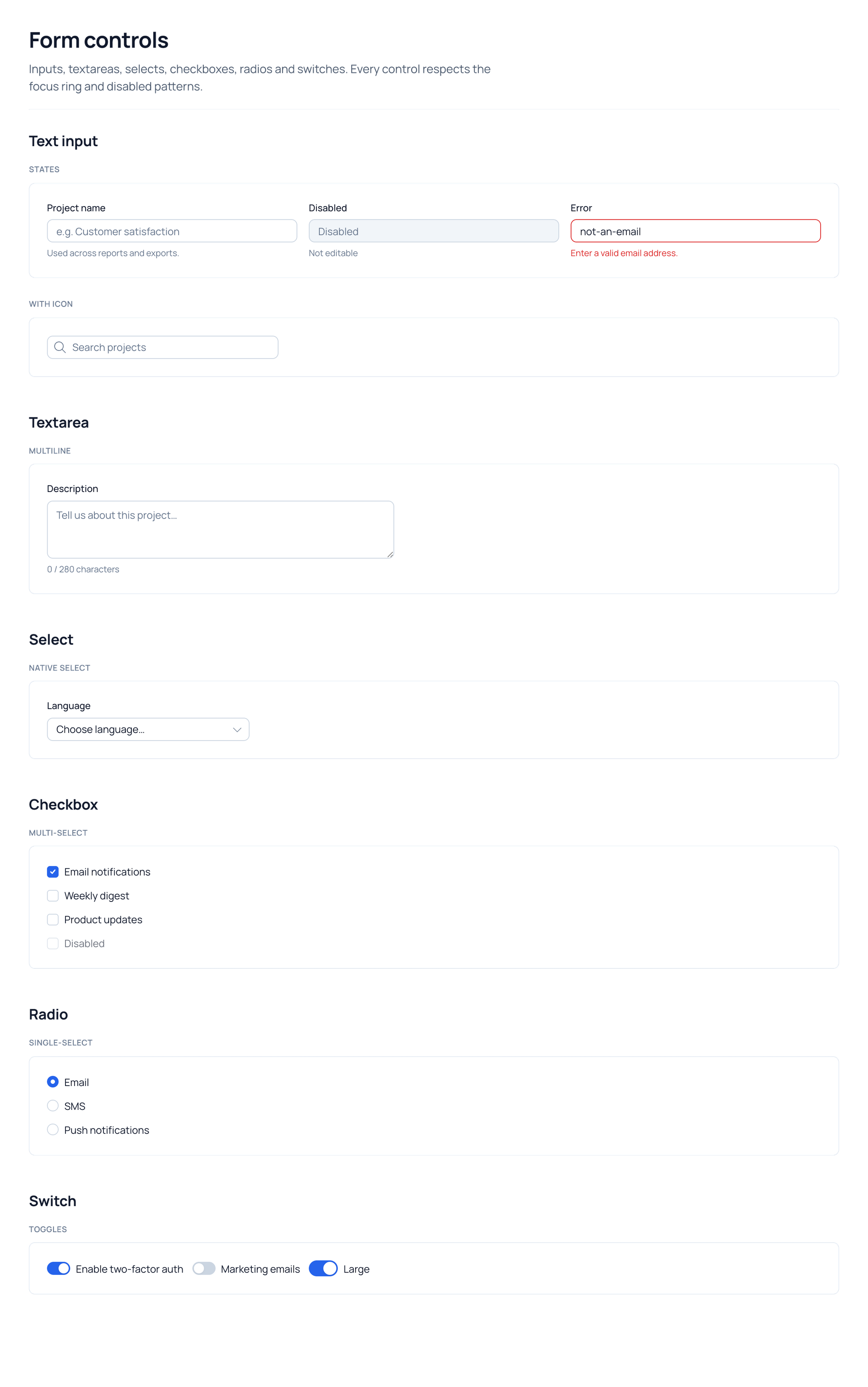 Lumen UI kit, Form controls page: text input states, textarea, select, checkbox, radio and switch