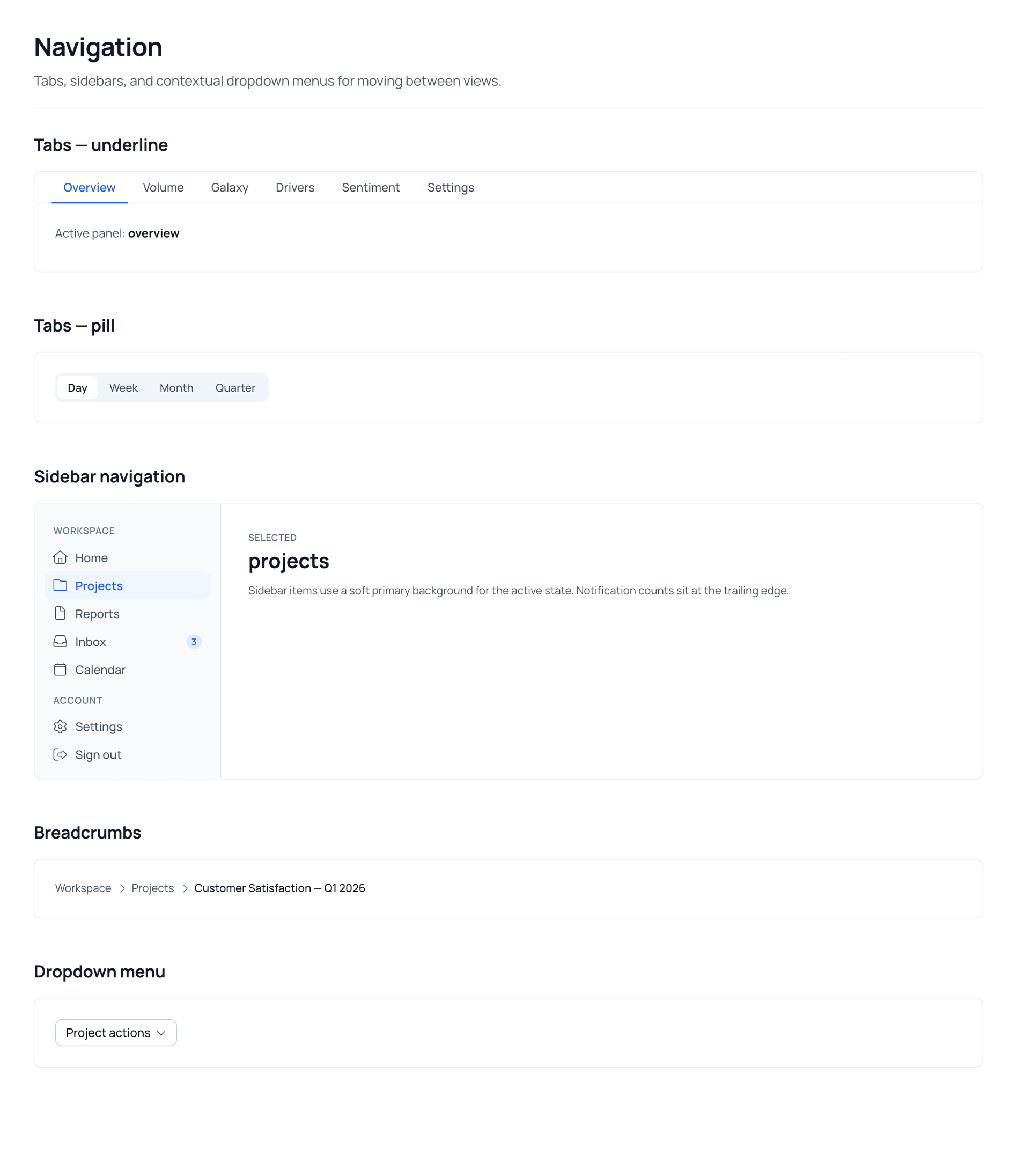 Lumen UI kit, Navigation page: underline and pill tabs, sidebar navigation, breadcrumbs and dropdown menu